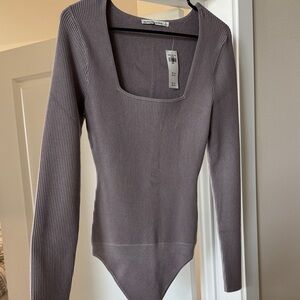 Abercrombie & Fitch Square Neck Ribbed Bodysuit - Charcoal